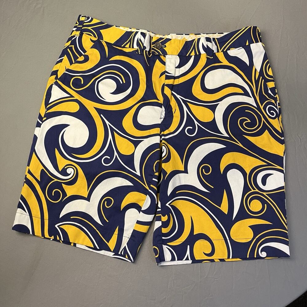 Loudmouth Shorts Mens 38 Blue/Yellow/White Paisley Swirl Cotton Stretch Golf